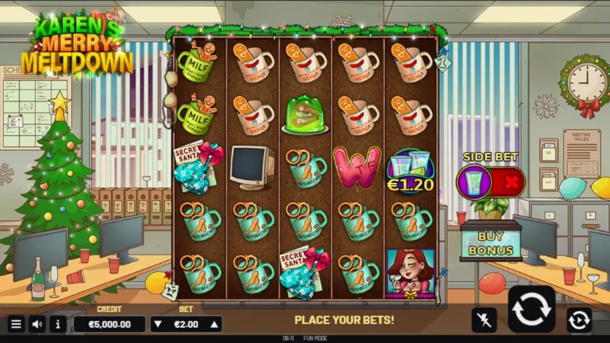 Personagem Karen em um cenário de festa de Natal corporativa no slot Karen’s Merry Meltdown
