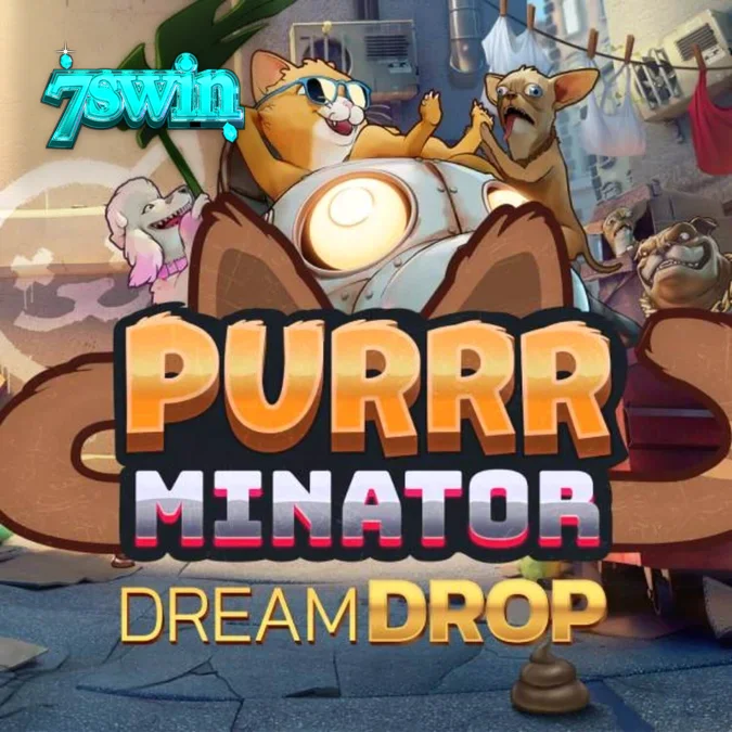 Captura de tela do jogo Purrrminator Dream Drop mostrando o gato robótico em um beco cyberpunk com símbolos de carretel e o logotipo do jackpot Dream Drop.